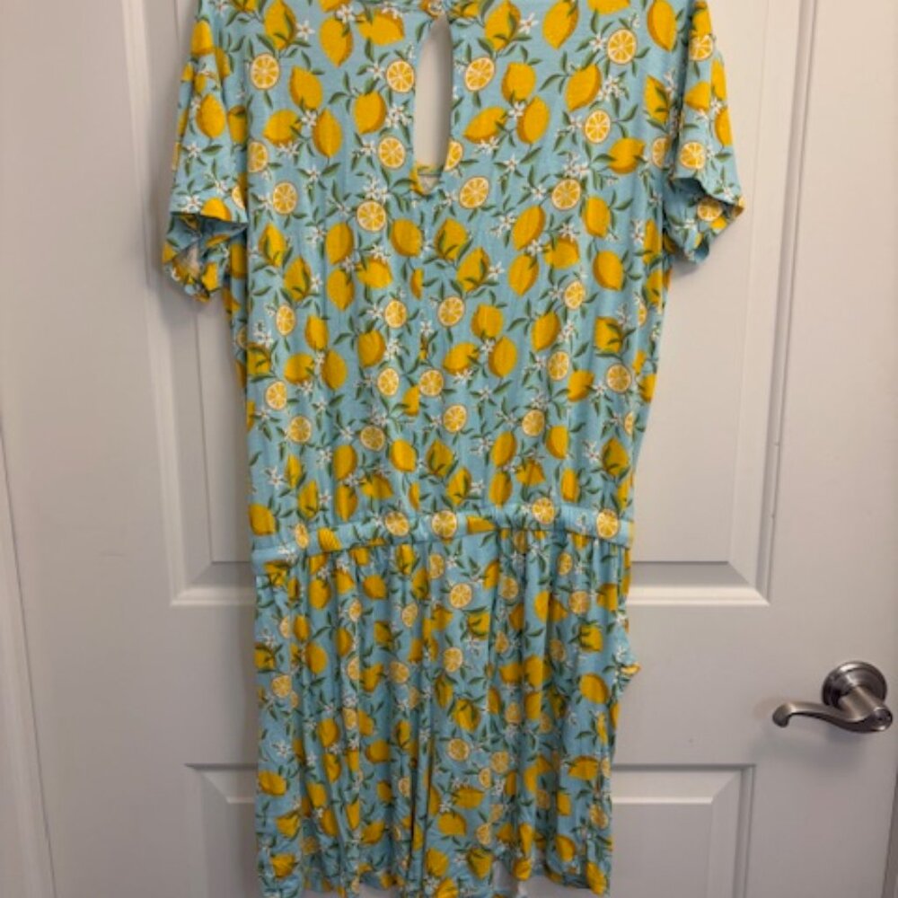 Light Blue Lemon Print Short Sleeve Romper with Pockets - Picture 3 of 3